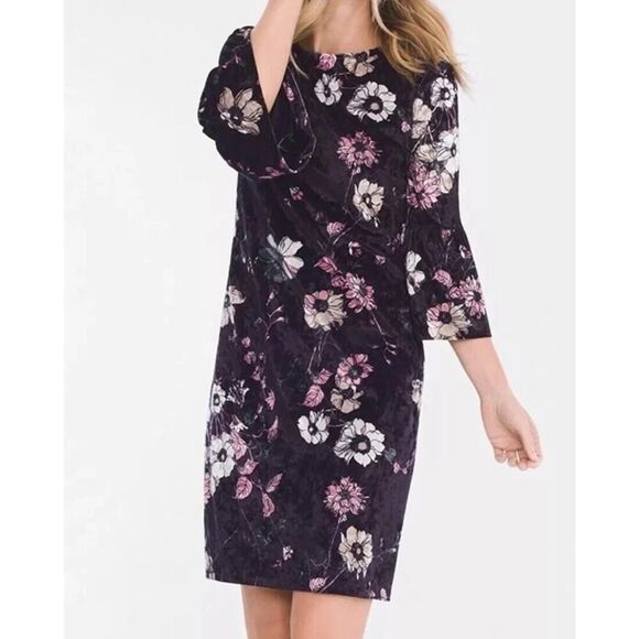 Chico’s Crushed Velvet Floral Dress, Stretch ¾ Bell Sleeve Pullover | 1 (8-10) - Picture 1 of 9